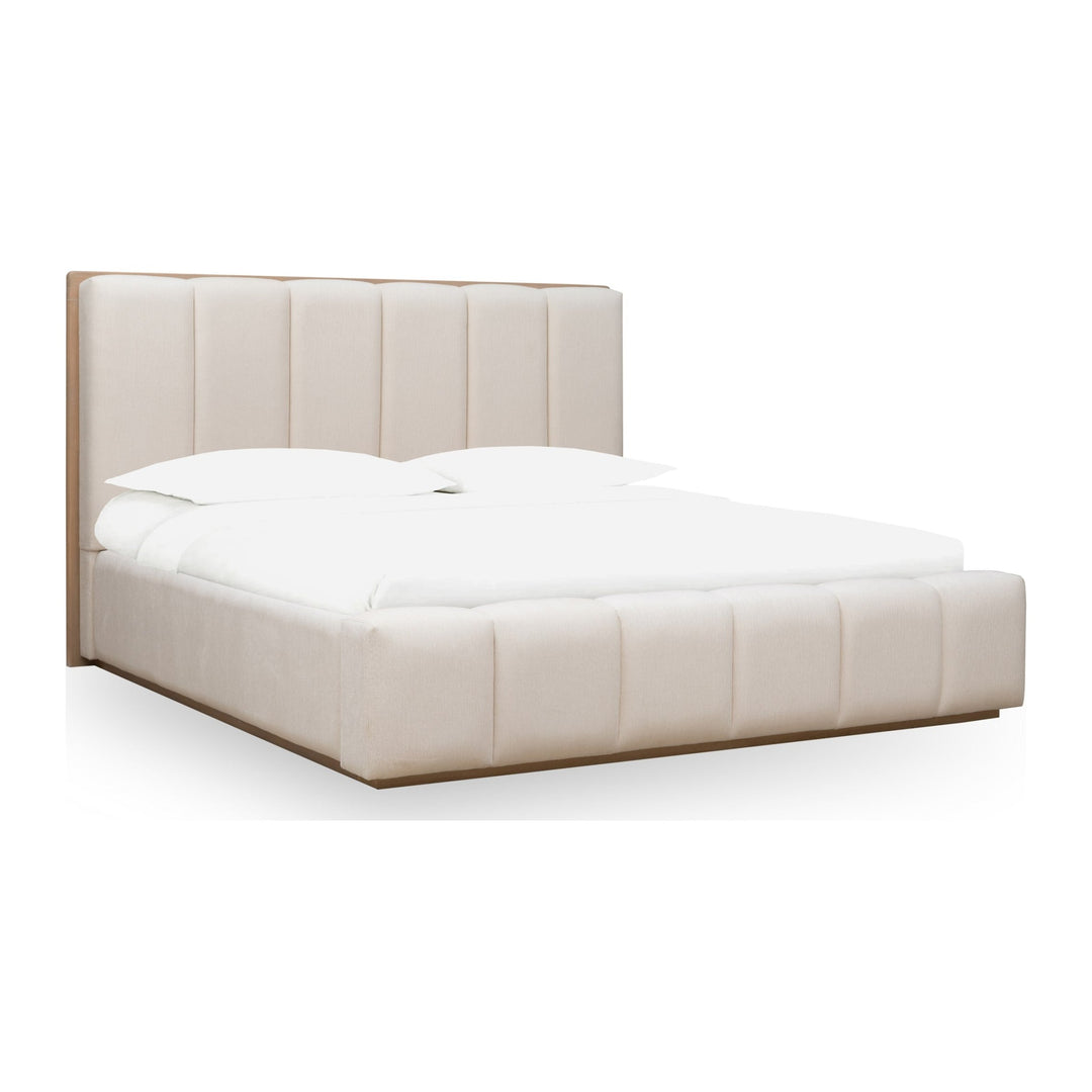 Gardenia Wood Frame Upholstered Platform Bed by Modus in Cotton and Chai — white background, angled view