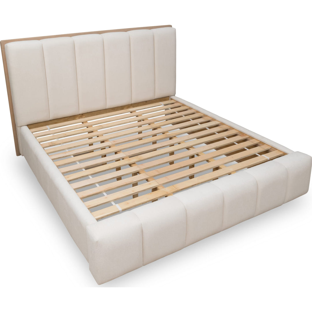 Gardenia Wood Frame Upholstered Platform Bed in Cotton and Chai — overhead view of the slat platform