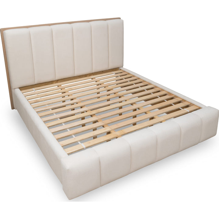 Gardenia Wood Frame Upholstered Platform Bed in Cotton and Chai — overhead view of the slat platform
