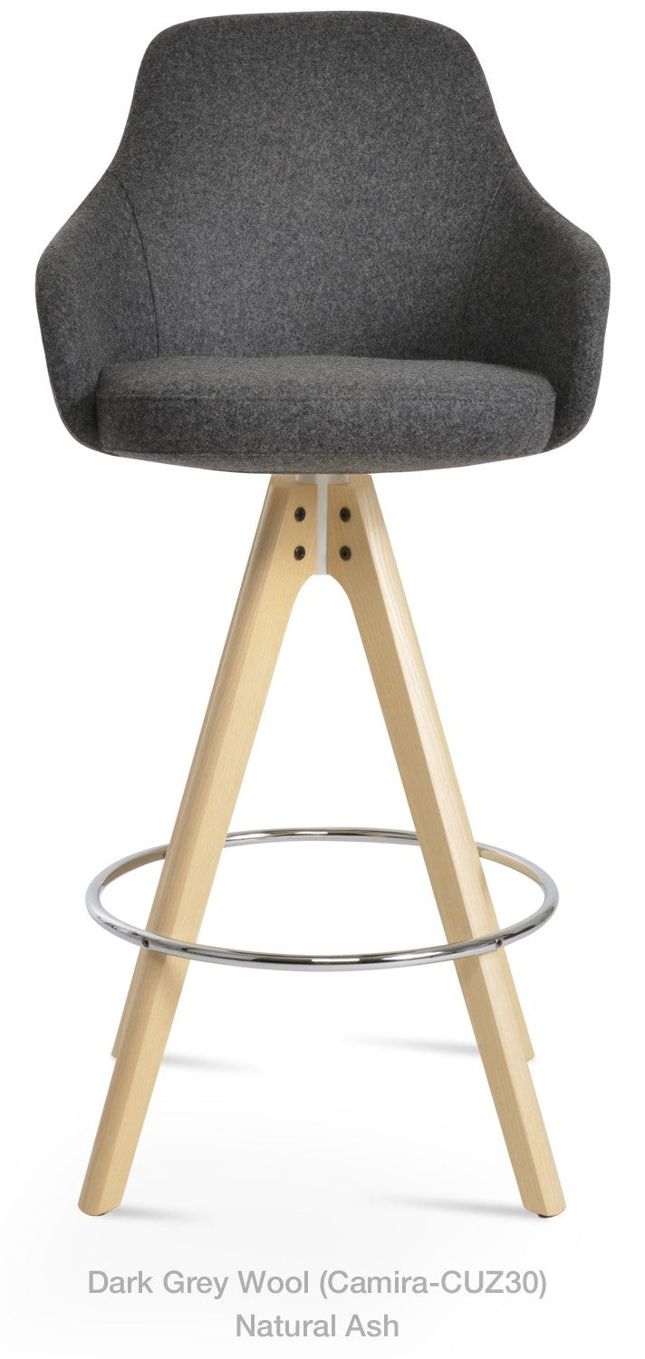 Gazel Arm Pyramid Wood Swivel Stool by Soho Concept — dark grey Camira wool on natural ash legs with chrome footrest, full front view