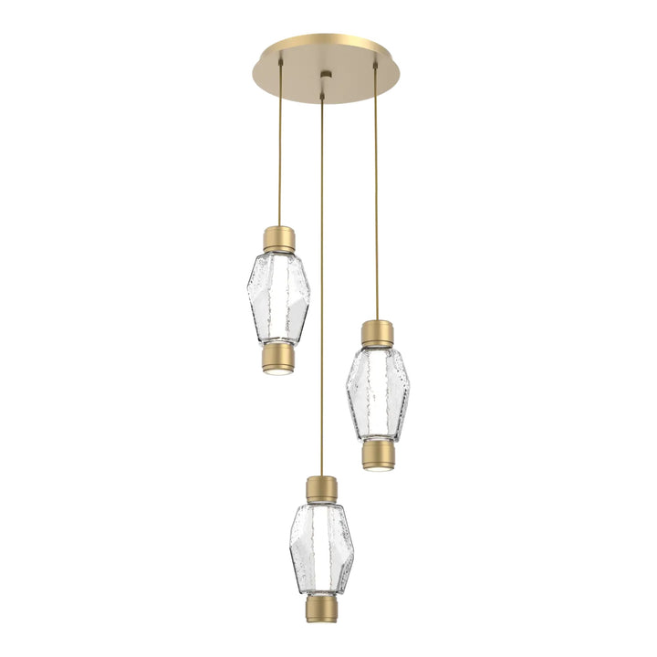 Gem Mandrel Round Pendant Chandelier by Hammerton Studio in Gilded Brass with Clear glass (3 Lights)