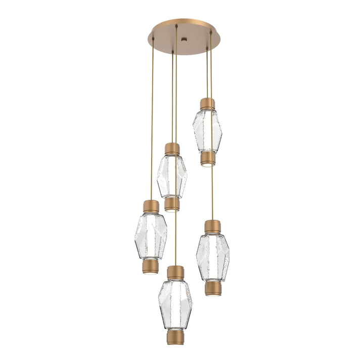 Gem Mandrel Round Pendant Chandelier by Hammerton Studio in Novel Brass with Clear glass (5 Lights)