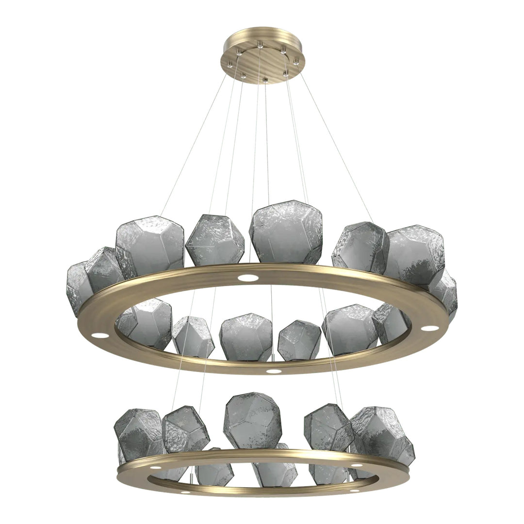 Gem Ring Chandelier by Hammerton Studio in Heritage Brass with Smoke glass (Two-Tier)