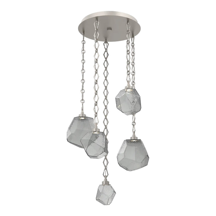 Gem Round Pendant Chandelier by Hammerton Studio in Beige Silver with Smoke glass on Diamond Chain (5 Lights)