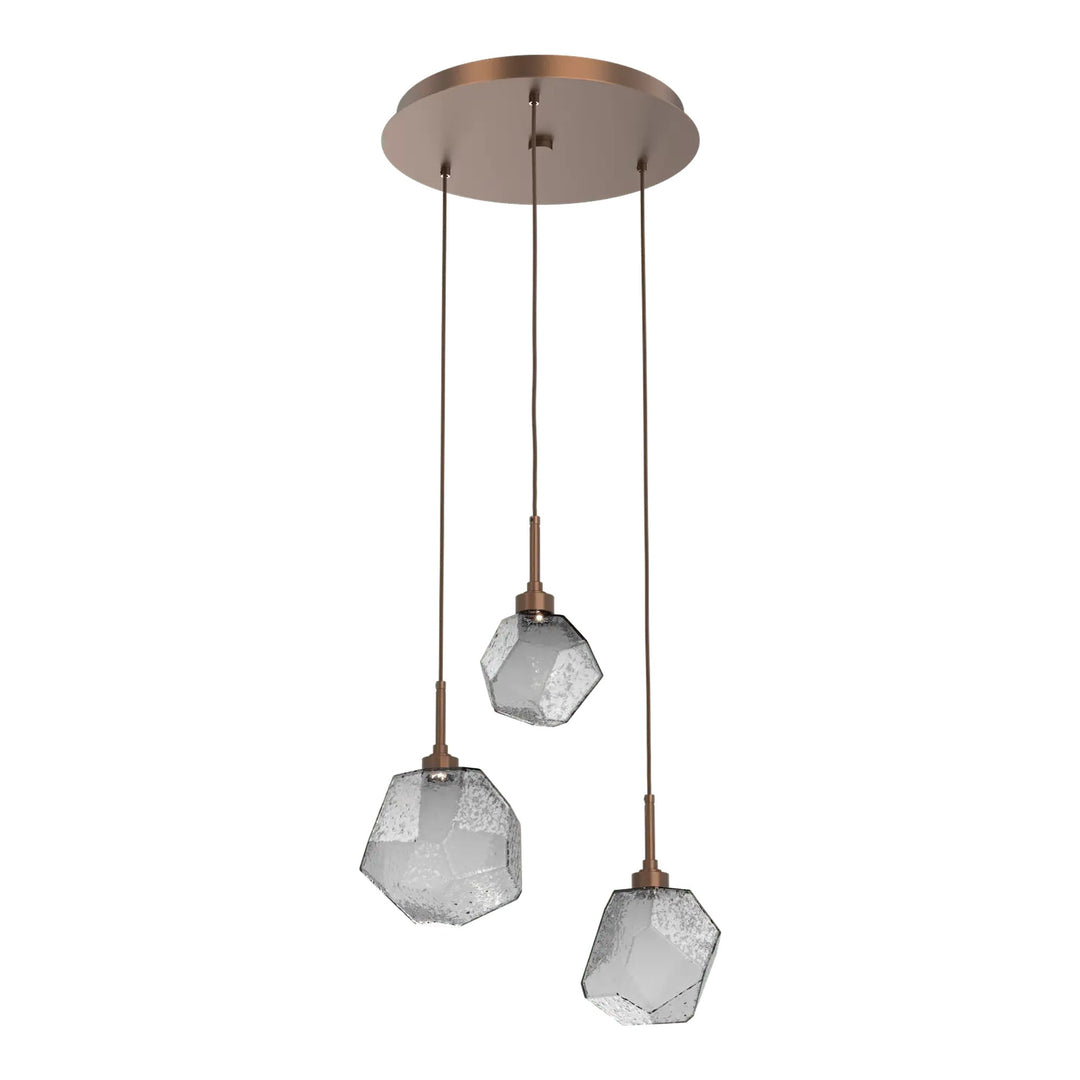 Gem Round Pendant Chandelier by Hammerton Studio in Burnished Bronze with Smoke glass on adjustable cord (3 Lights)