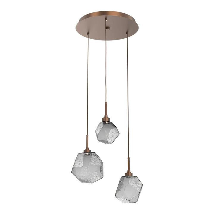 Gem Round Pendant Chandelier by Hammerton Studio in Burnished Bronze with Smoke glass on adjustable cord (3 Lights)