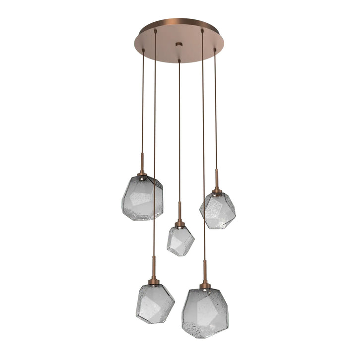 Gem Round Pendant Chandelier by Hammerton Studio in Burnished Bronze with Smoke glass on adjustable cord (5 Lights)