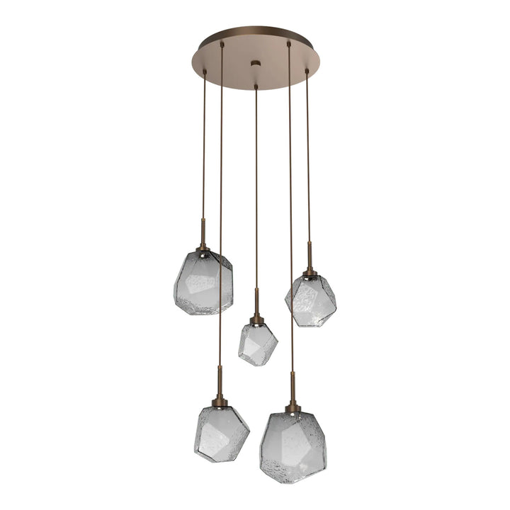 Gem Round Pendant Chandelier by Hammerton Studio in Flat Bronze with Smoke glass on adjustable cord (5 Lights)