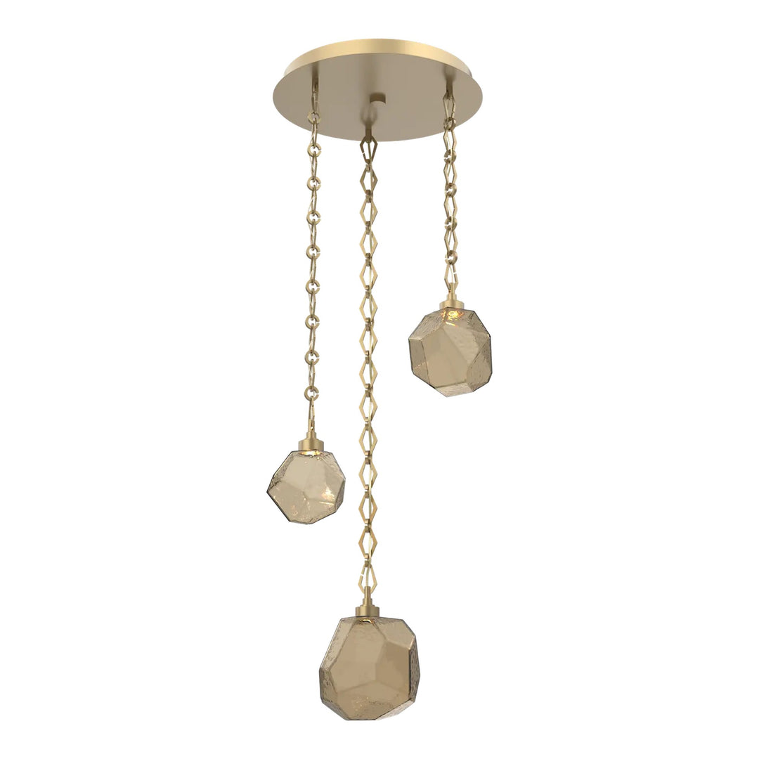 Gem Round Pendant Chandelier by Hammerton Studio in Gilded Brass with Smoke glass on Diamond Chain (3 Lights)