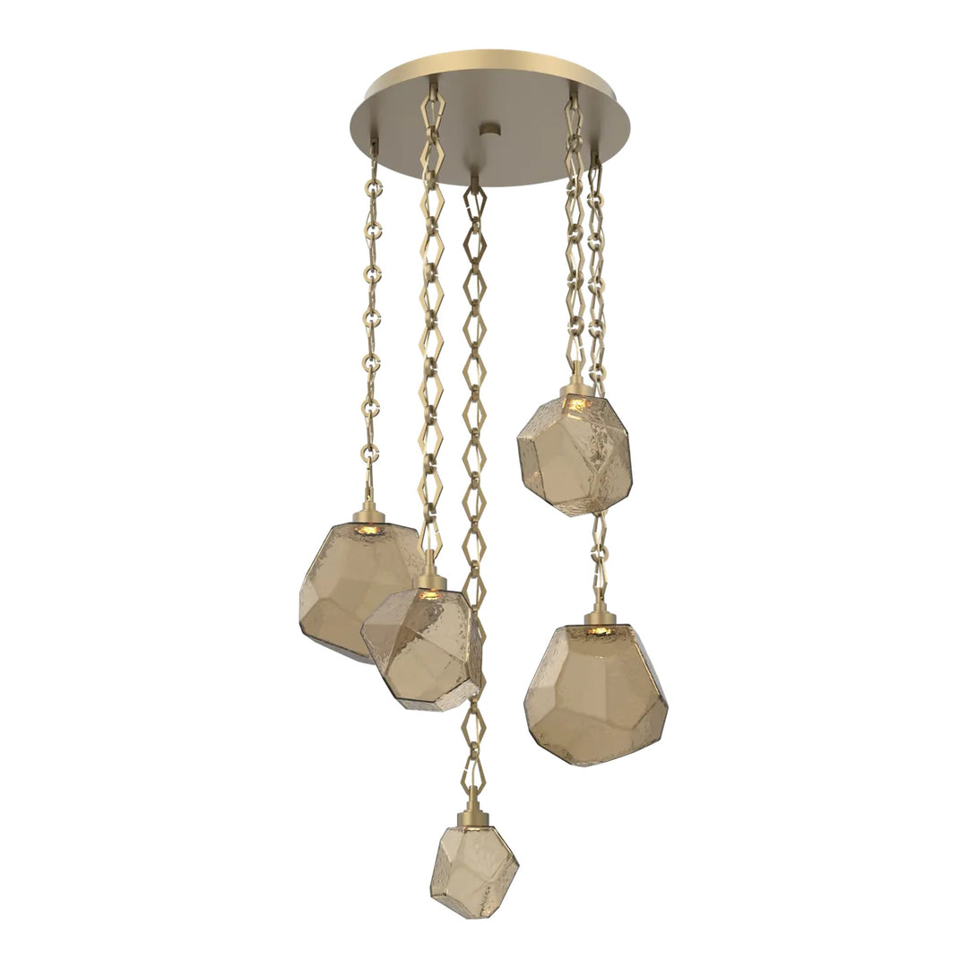 Gem Round Pendant Chandelier by Hammerton Studio in Gilded Brass with Smoke glass on Diamond Chain (5 Lights)