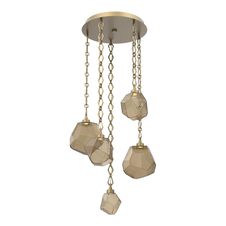 Gem Round Pendant Chandelier by Hammerton Studio in Gilded Brass with Smoke glass on Diamond Chain (5 Lights)