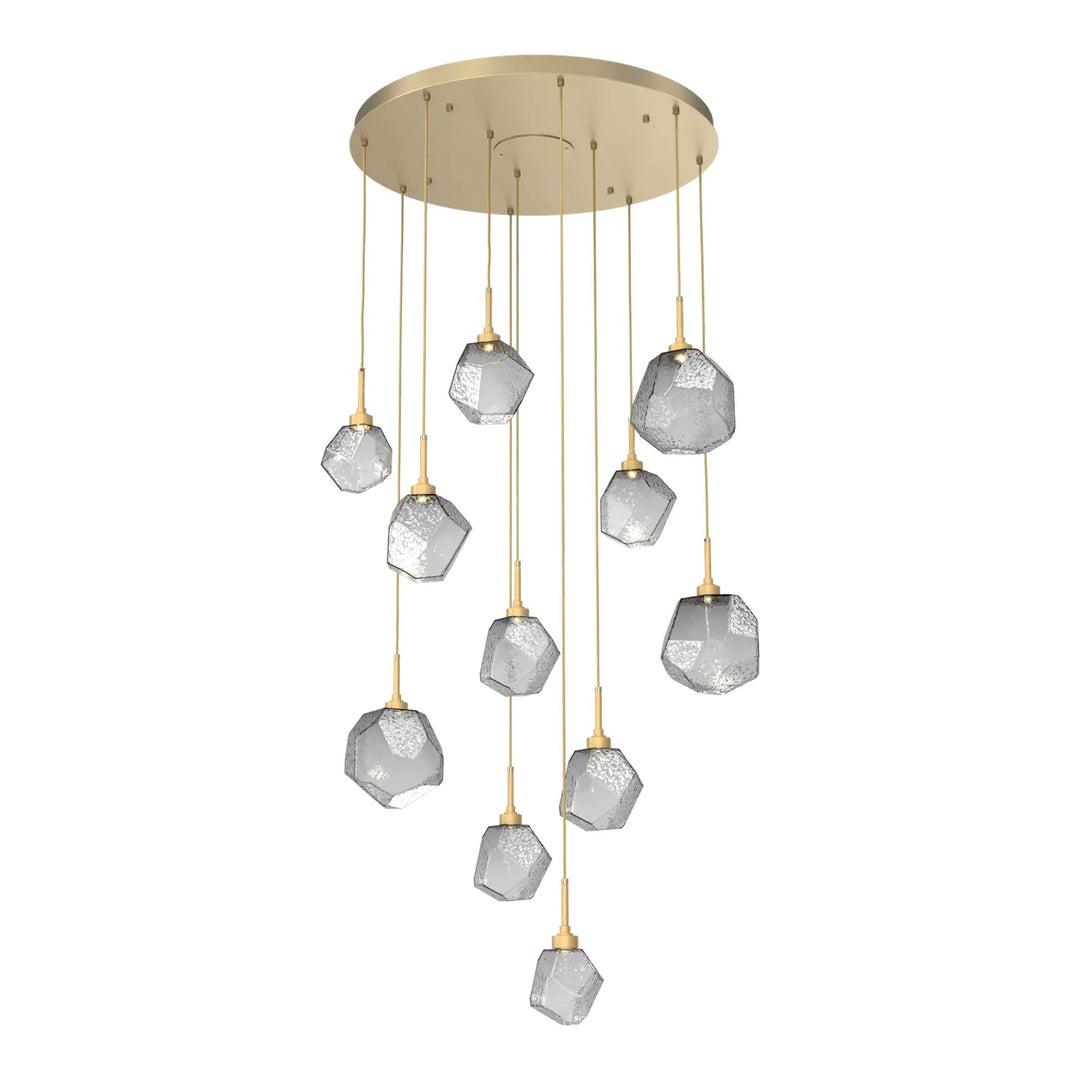 Gem Round Pendant Chandelier by Hammerton Studio in Gilded Brass with Smoke glass on adjustable cord (11 Lights)