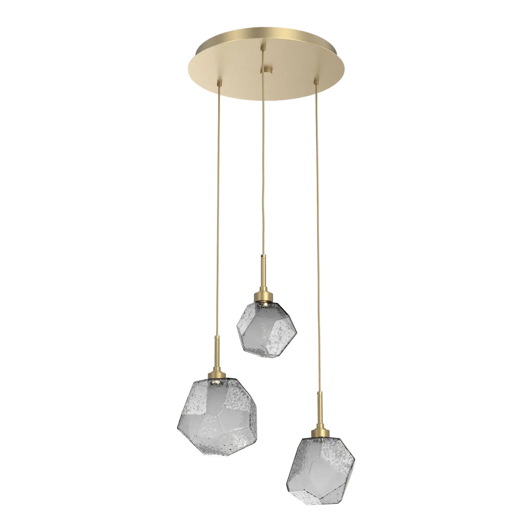 Gem Round Pendant Chandelier by Hammerton Studio in Gilded Brass with Smoke glass on adjustable cord (3 Lights)
