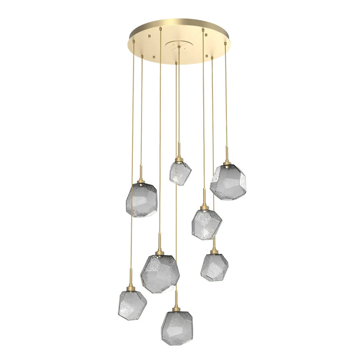 Gem Round Pendant Chandelier by Hammerton Studio in Gilded Brass with Smoke glass on adjustable cord (8 Lights)