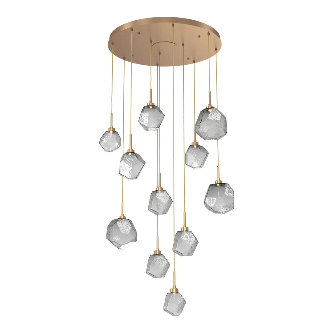 Gem Round Pendant Chandelier by Hammerton Studio in Novel Brass with Smoke glass on adjustable cord (11 Lights)