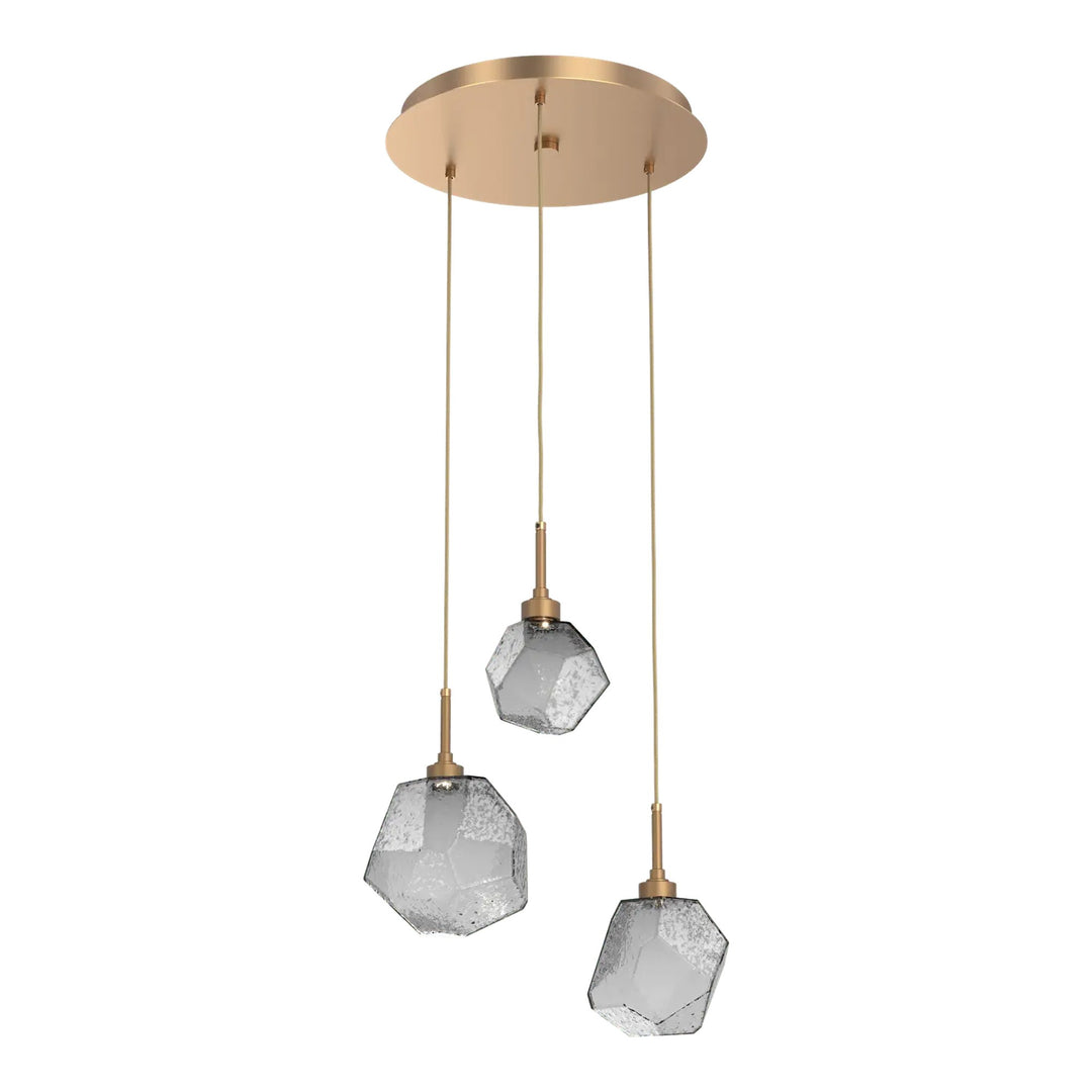 Gem Round Pendant Chandelier by Hammerton Studio in Novel Brass with Smoke glass on adjustable cord (3 Lights)