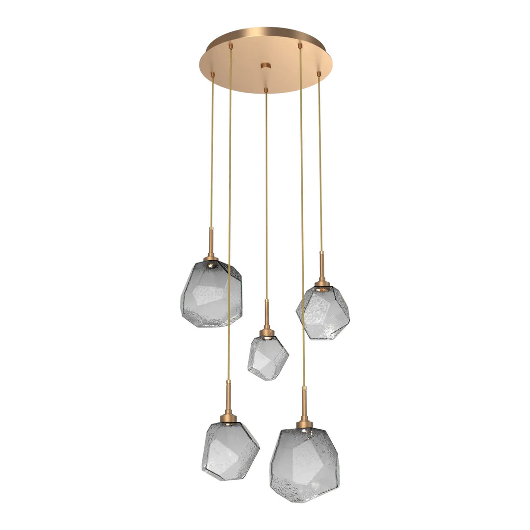 Gem Round Pendant Chandelier by Hammerton Studio in Novel Brass with Smoke glass on adjustable cord (5 Lights)