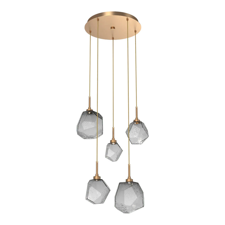 Gem Round Pendant Chandelier by Hammerton Studio in Novel Brass with Smoke glass on adjustable cord (5 Lights)