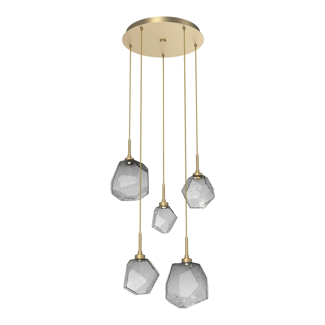 Gem Round Pendant Chandelier by Hammerton Studio in Gilded Brass with Smoke glass (5 Lights)
