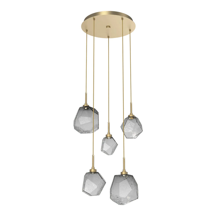 Gem Round Pendant Chandelier by Hammerton Studio in Gilded Brass with Smoke glass (5 Lights)