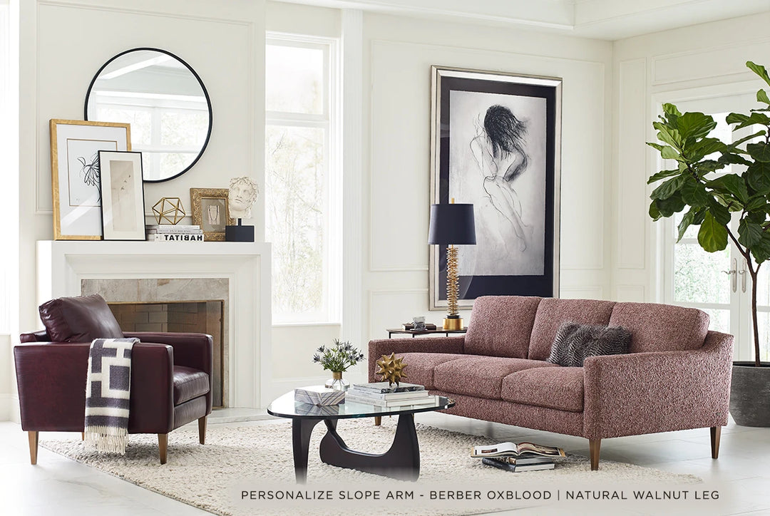 Giselle Slope Arm family lifestyle inspiration by American Leather. Matching sofa and chair shown; this sectional is sold in the selected two-piece configuration. Additional furniture and accessories are not included.