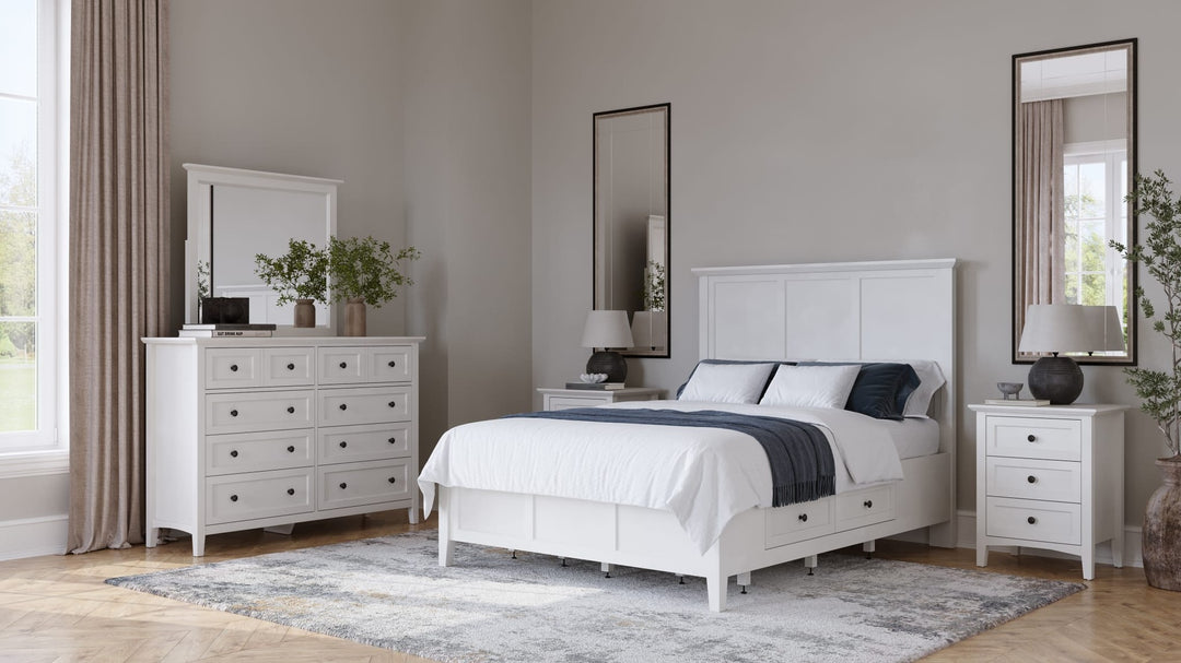 Grace Eight Drawer Dresser in Snowfall White — in a bedroom setting