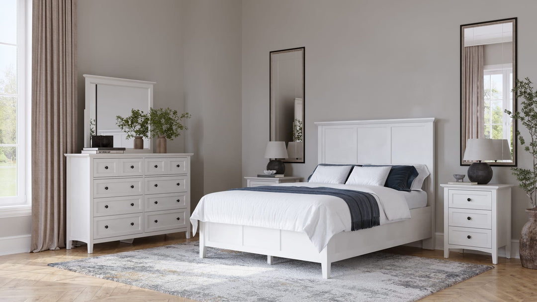 Grace Eight Drawer Dresser in Snowfall White — in a bedroom setting