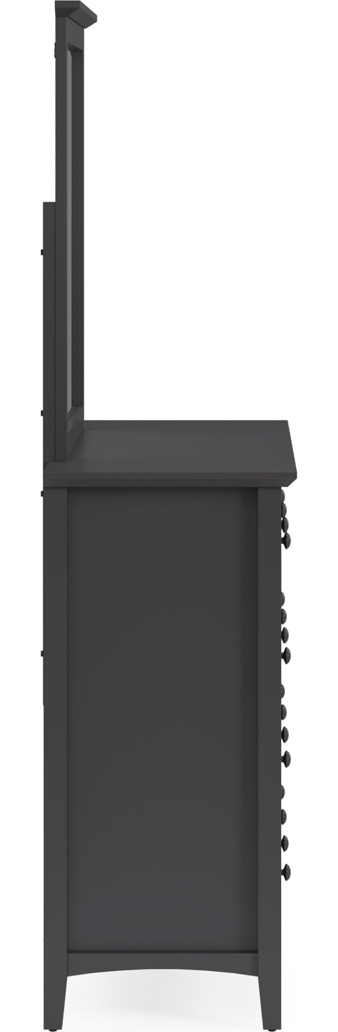 Grace Eight Drawer Dresser in Raven Black — side view with the matching mirror (sold separately)