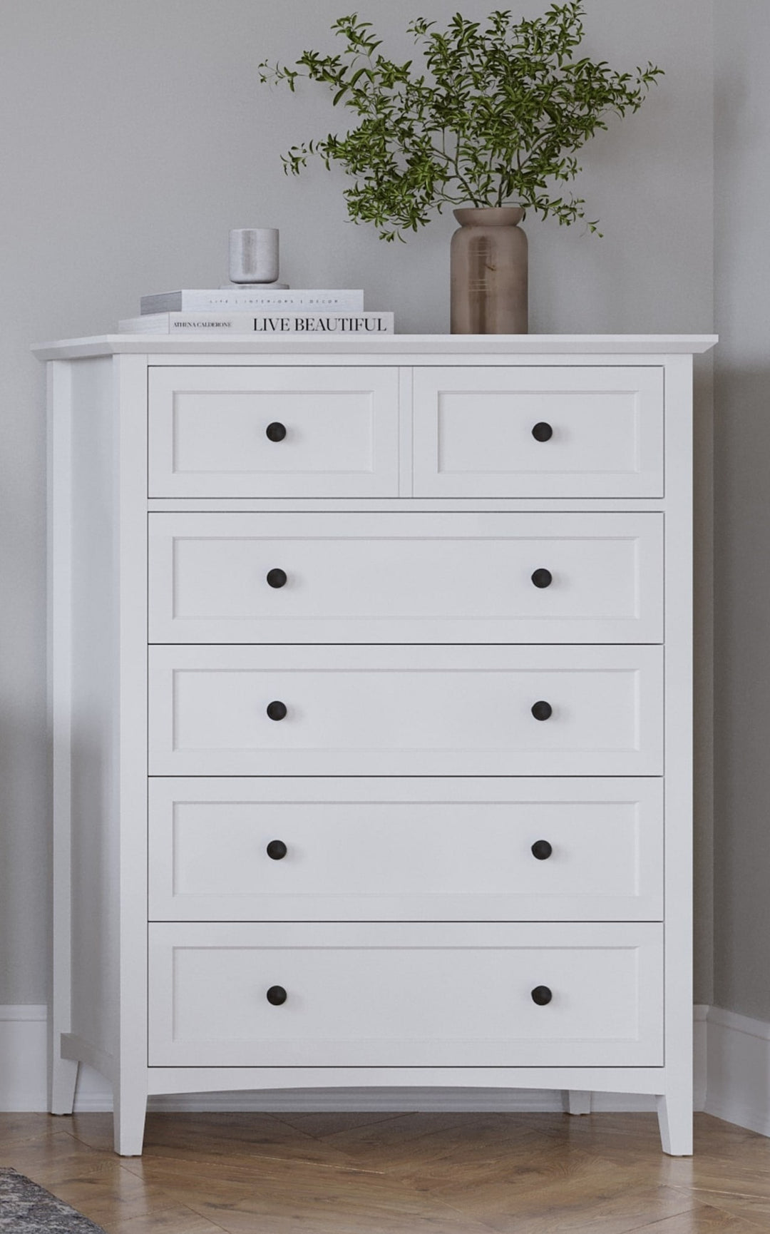 Grace Five Drawer Chest in Snowfall White — styled in a room
