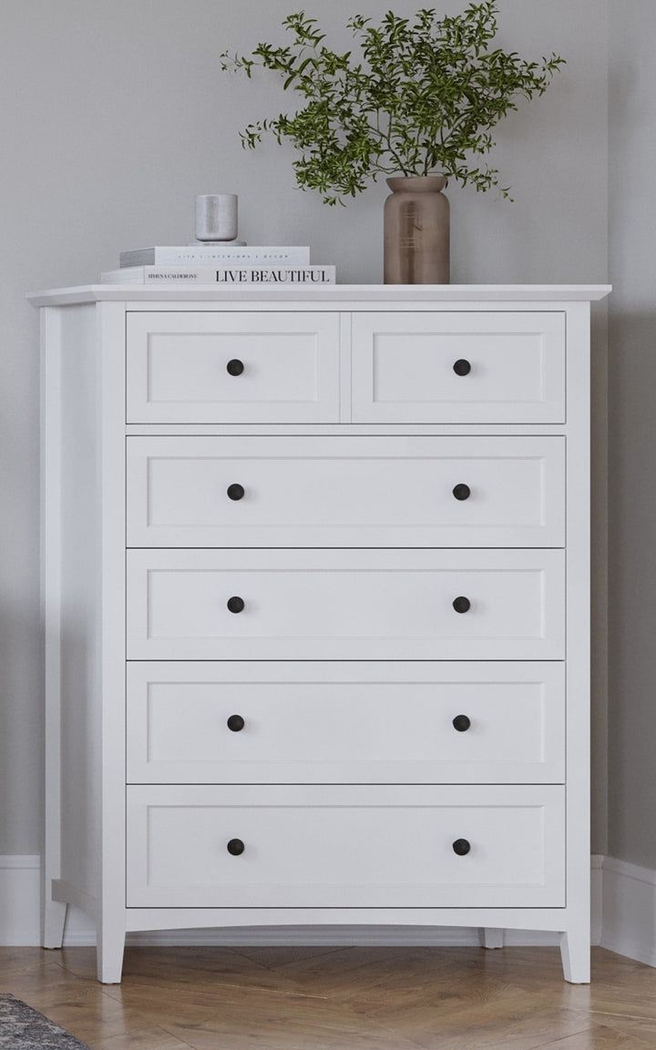 Grace Five Drawer Chest in Snowfall White — styled in a room