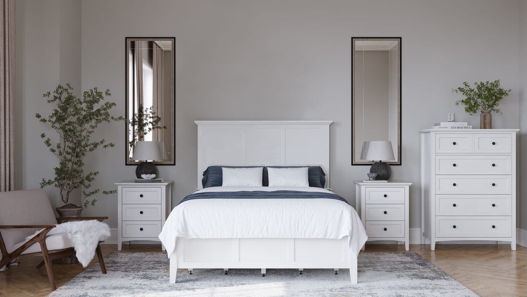 Grace Five Drawer Chest in Snowfall White — in a bedroom setting
