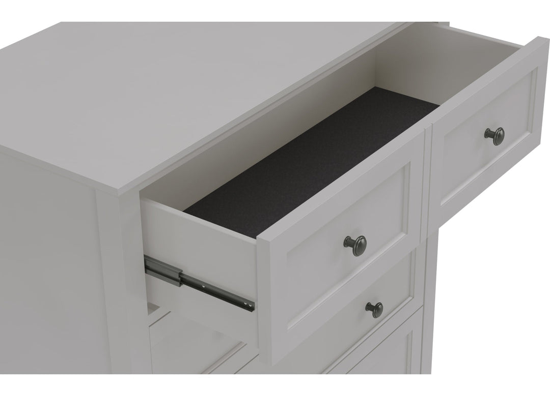 Grace Five Drawer Chest in Elephant Grey — with drawers open