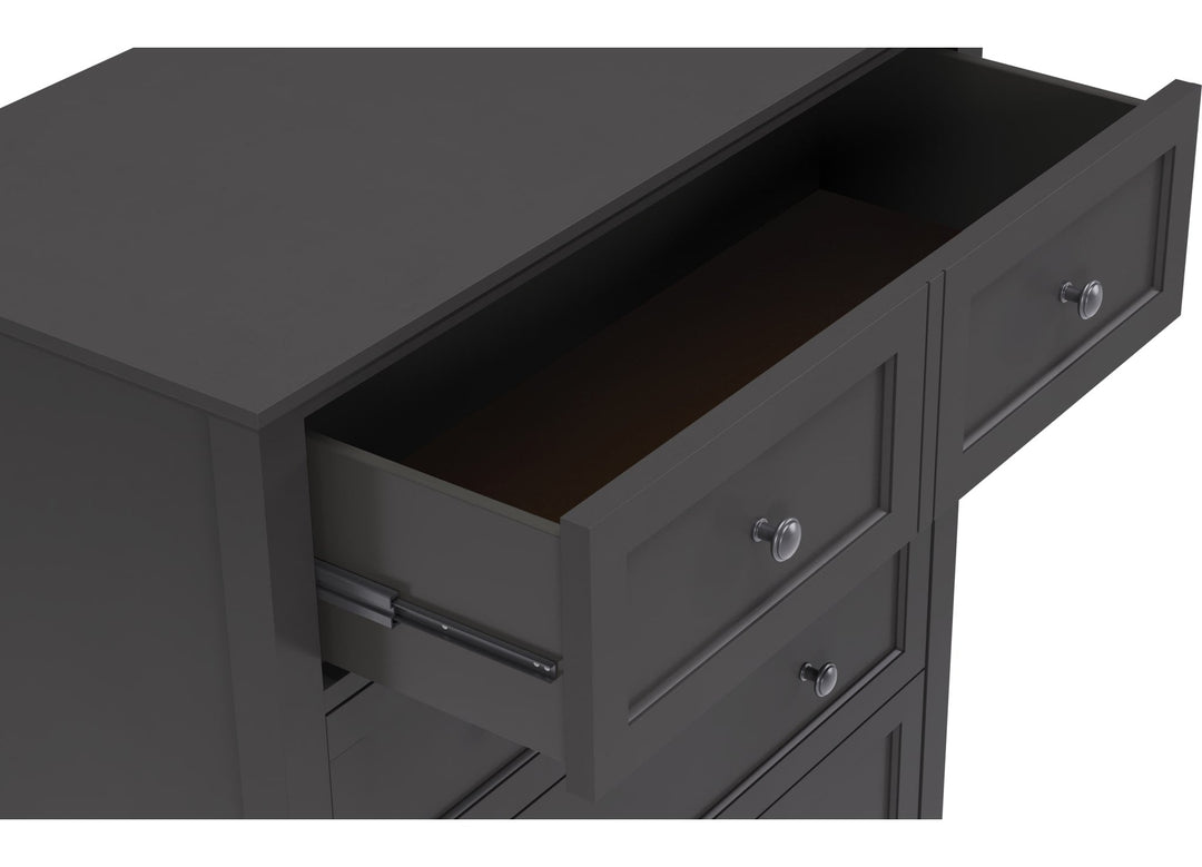 Grace Five Drawer Chest in Raven Black — with drawers open