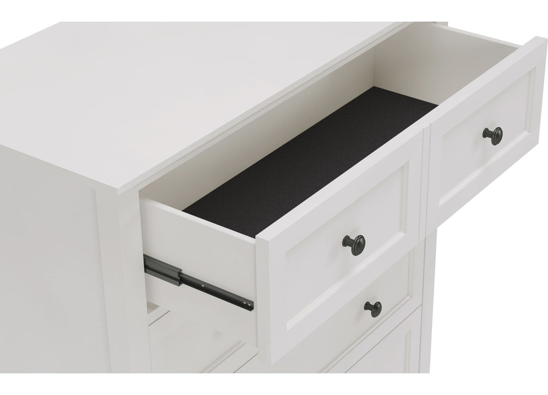 Grace Five Drawer Chest in Snowfall White — with drawers open