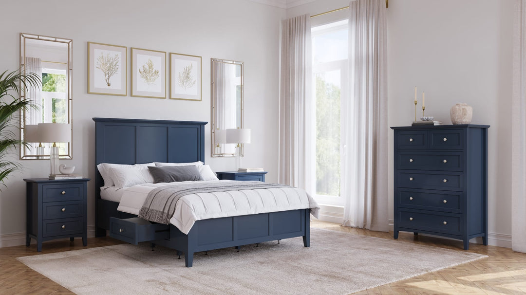 Grace Four Drawer Platform Storage Bed in Blueberry styled in a bedroom