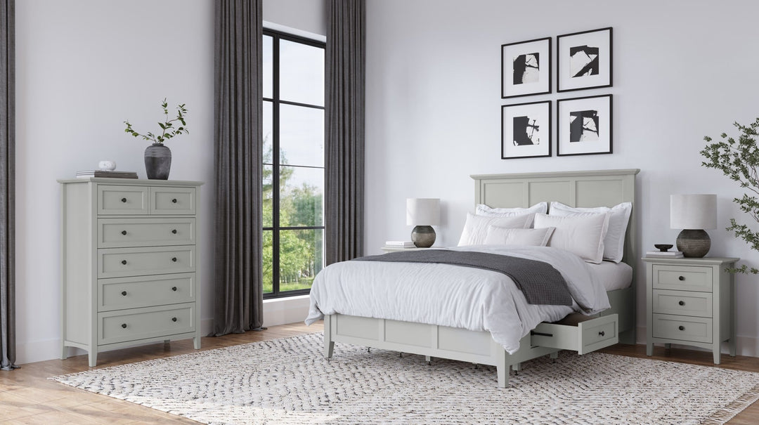 Grace Four Drawer Platform Storage Bed in Elephant Grey styled in a bedroom