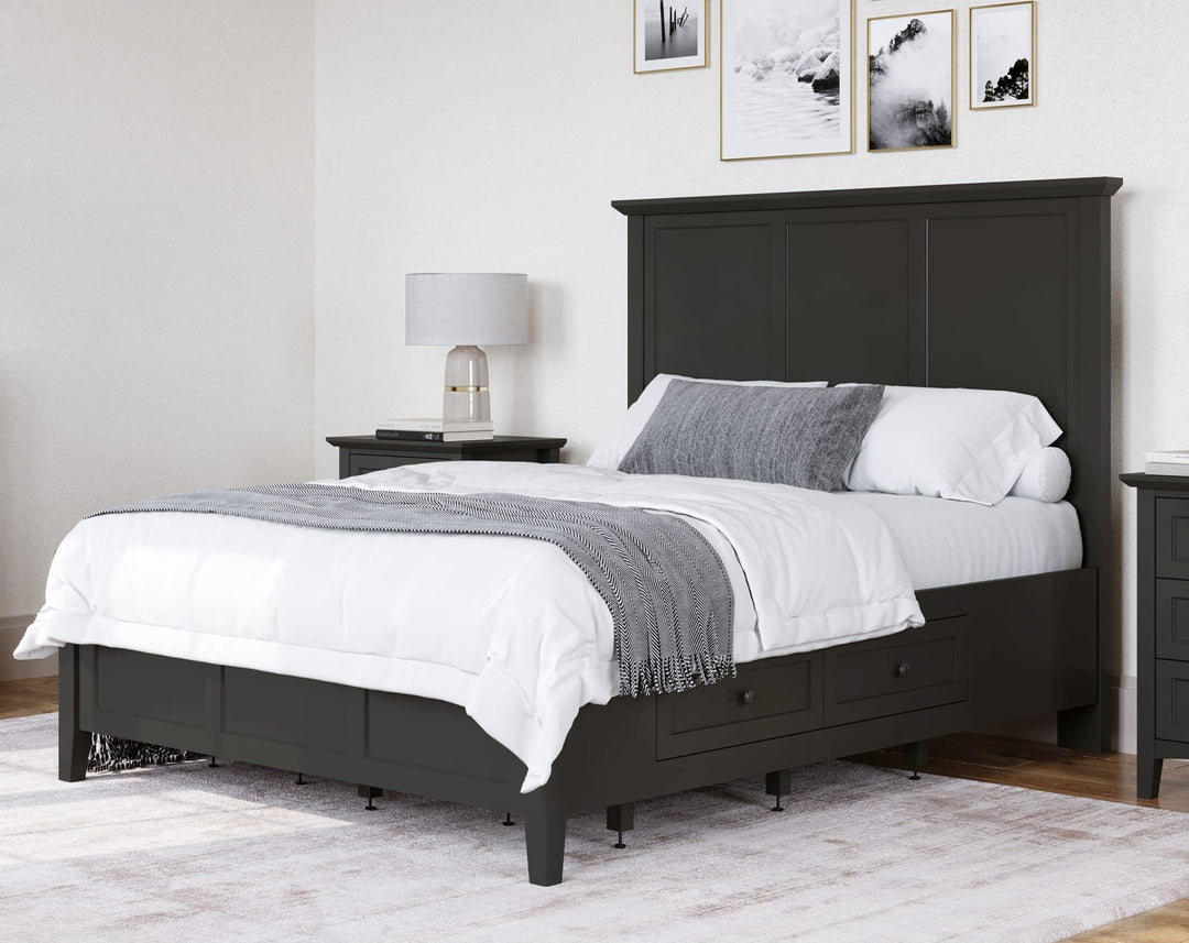 Grace Four Drawer Platform Storage Bed in Raven Black styled in a bedroom