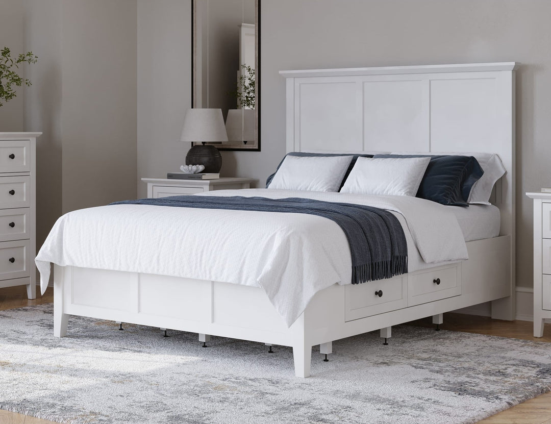 Grace Four Drawer Platform Storage Bed in Snowfall White styled in a bedroom