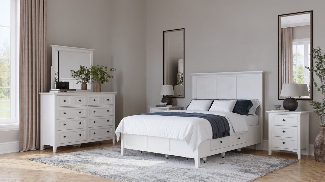 Grace Four Drawer Platform Storage Bed in Snowfall White styled in a bedroom