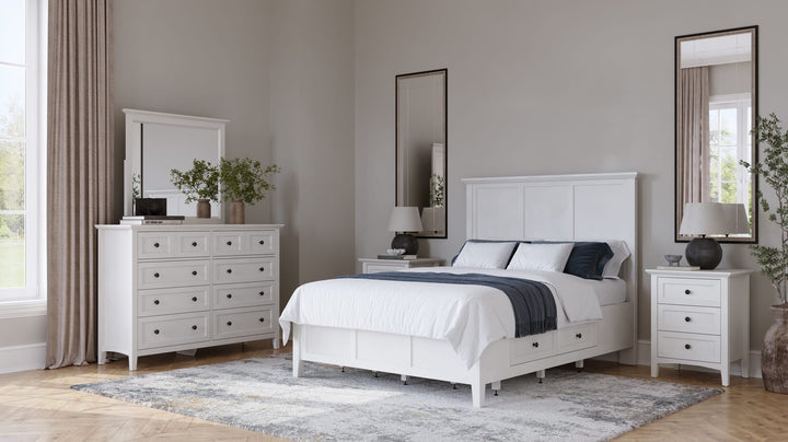 Grace Four Drawer Platform Storage Bed in Snowfall White styled in a bedroom