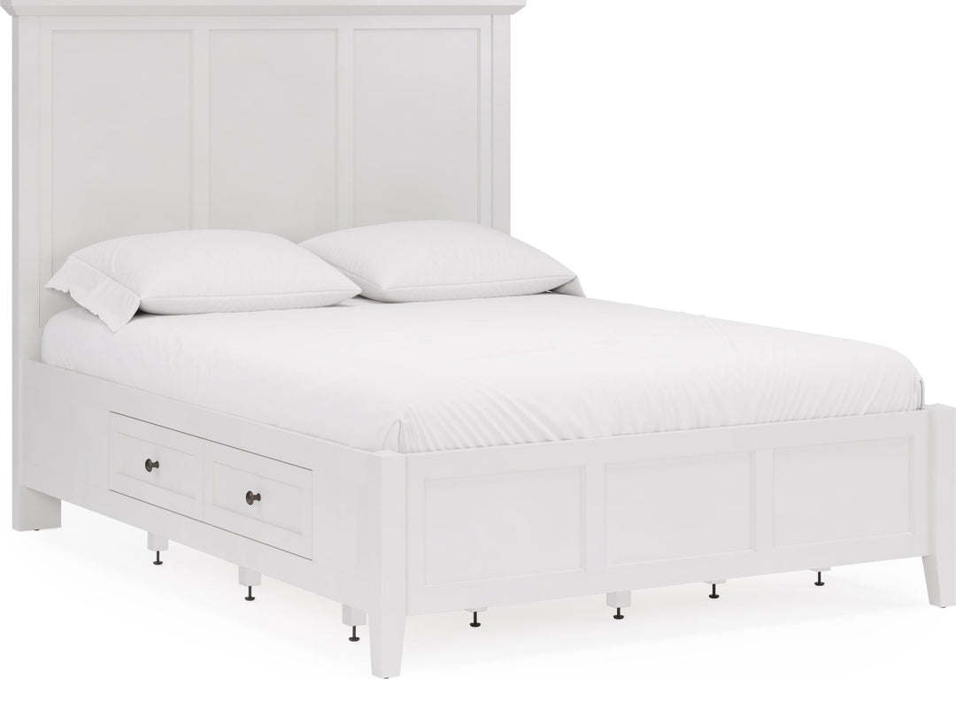 Grace Four Drawer Platform Storage Bed in Snowfall White — white background, angled view