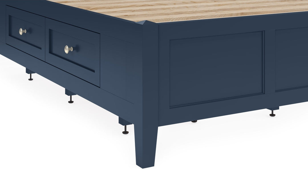 Grace Four Drawer Platform Storage Bed in Blueberry — close-up of a storage drawer and leg