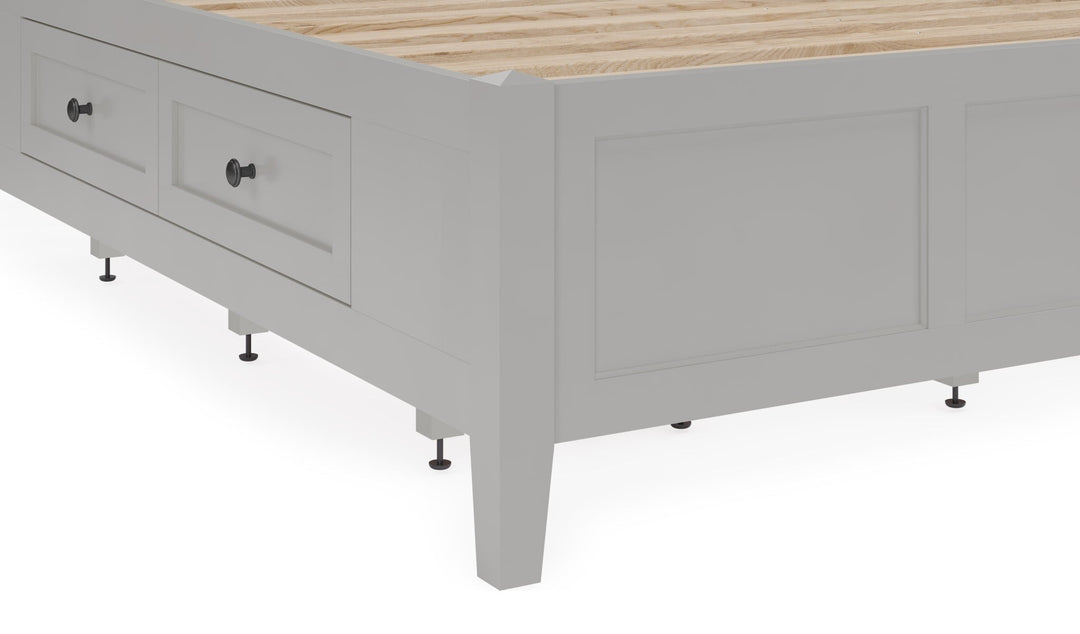 Grace Four Drawer Platform Storage Bed in Elephant Grey — close-up of a storage drawer and leg