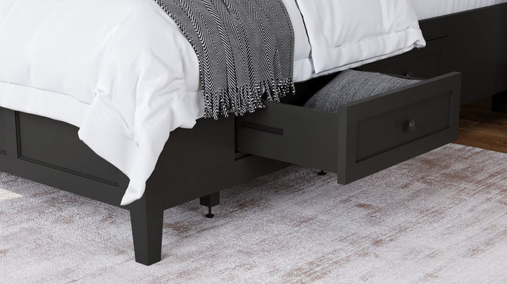 Grace Four Drawer Platform Storage Bed in Raven Black — close-up of a storage drawer open