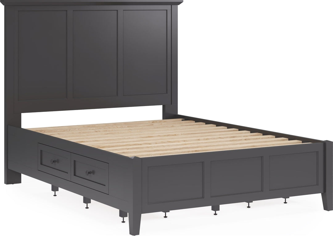 Grace Four Drawer Platform Storage Bed in Raven Black — angled view without mattress