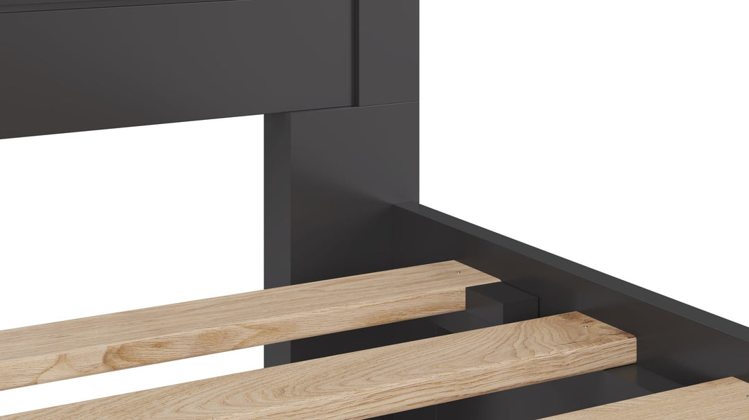 Grace Four Drawer Platform Storage Bed in Raven Black — close-up of the slats and side rail