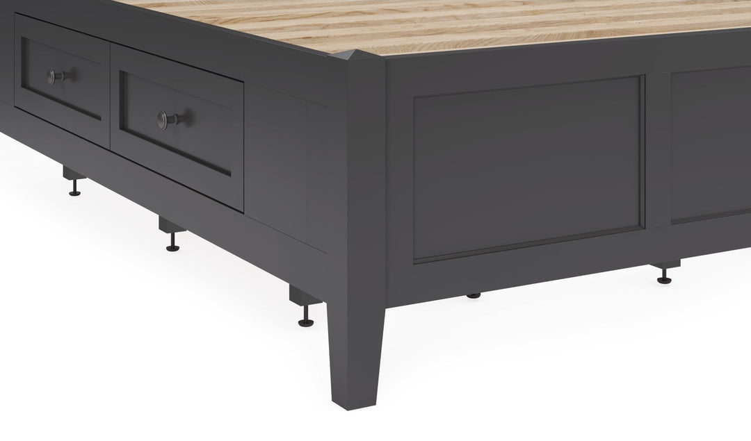 Grace Four Drawer Platform Storage Bed in Raven Black — close-up of a storage drawer and leg