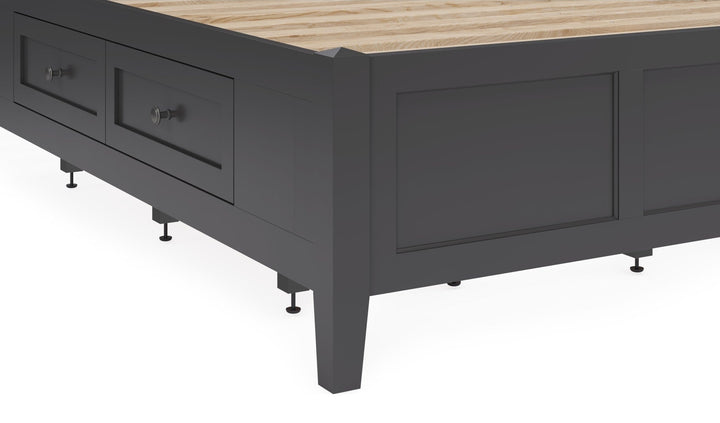Grace Four Drawer Platform Storage Bed in Raven Black — close-up of a storage drawer and leg