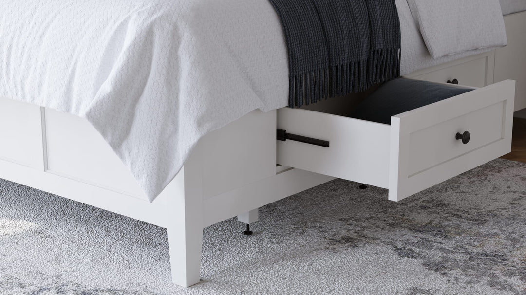 Grace Four Drawer Platform Storage Bed in Snowfall White — close-up of a storage drawer open