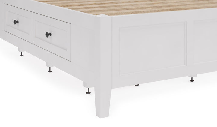 Grace Four Drawer Platform Storage Bed in Snowfall White — close-up of a storage drawer and leg